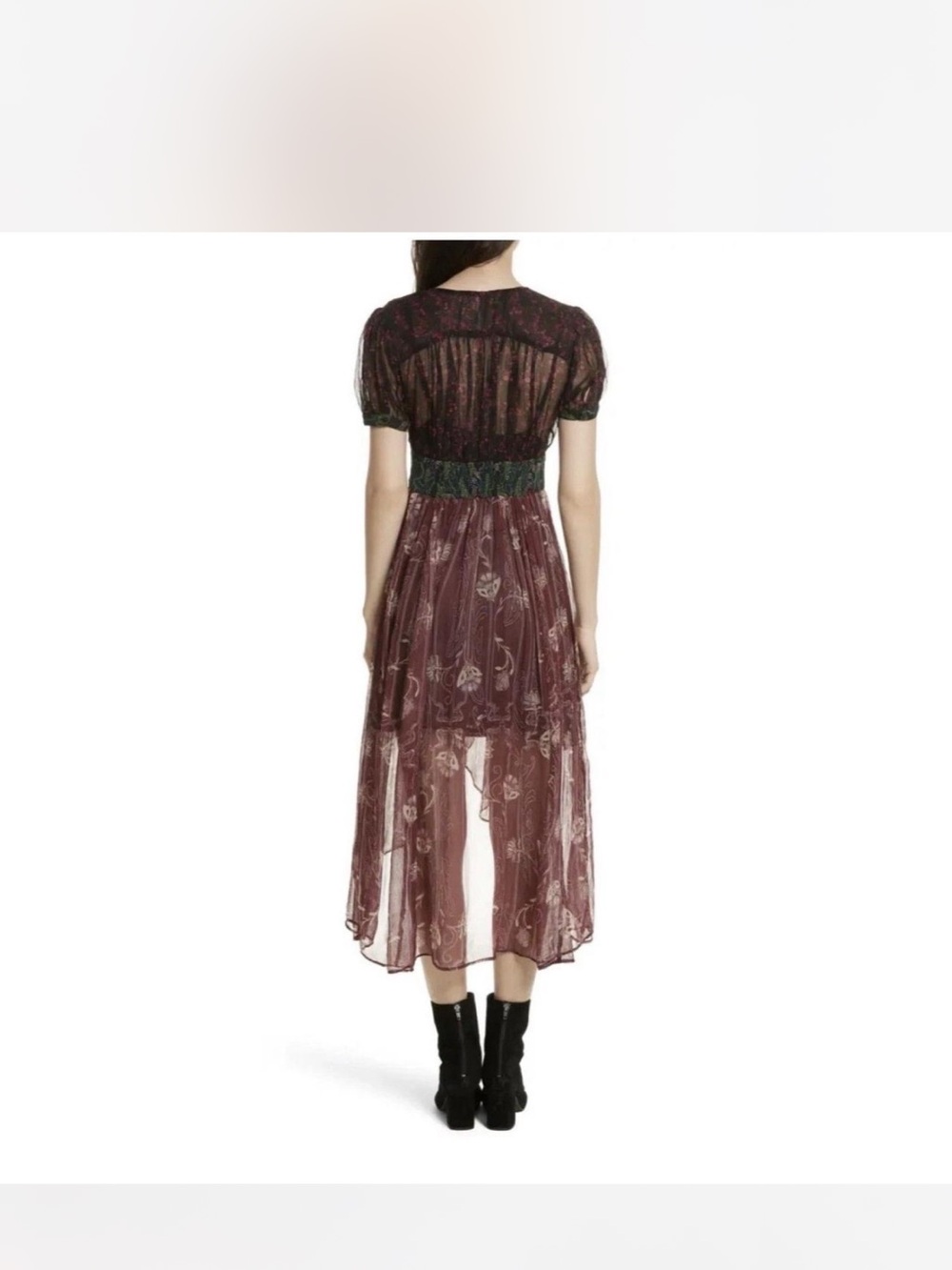 NWT Free People SMALL Burgundy Sheer Floral High-Low Dress with Green Waist - Picture 2 of 5